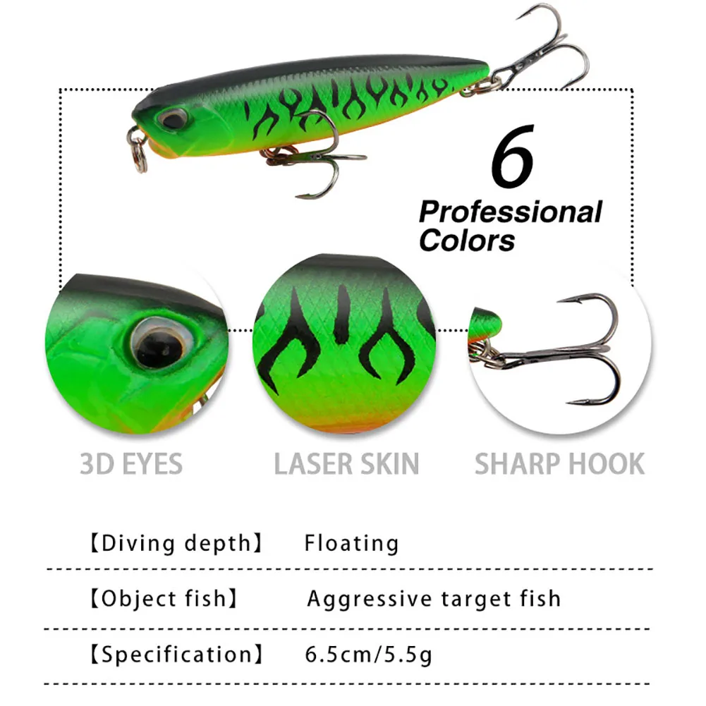 6.5cm/5.5g Topwater Pencil Dog Walker Fishing Lures With Hooks Long Casting Artificial Hard Bait For Freshwater Saltwater