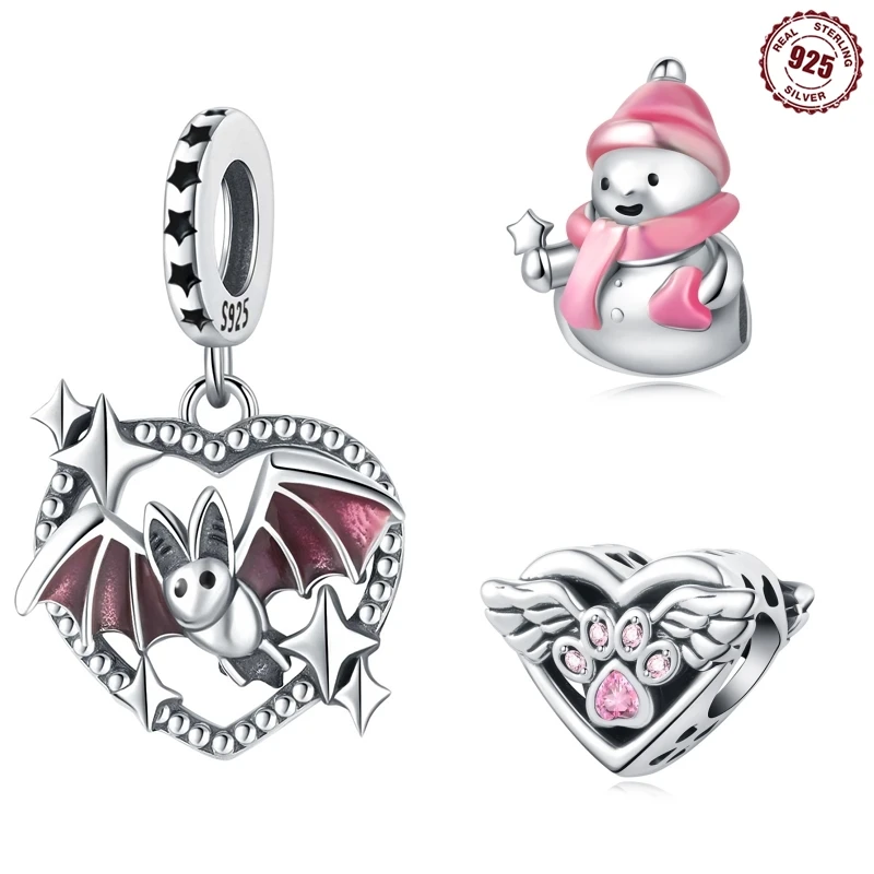 

100% настоящее серебро 925 пробы, Рождественский снеговик, животные, домашние животные, принты лап, очаровательные бусины, оригинальный кулон, браслет, изготовление ювелирных изделий