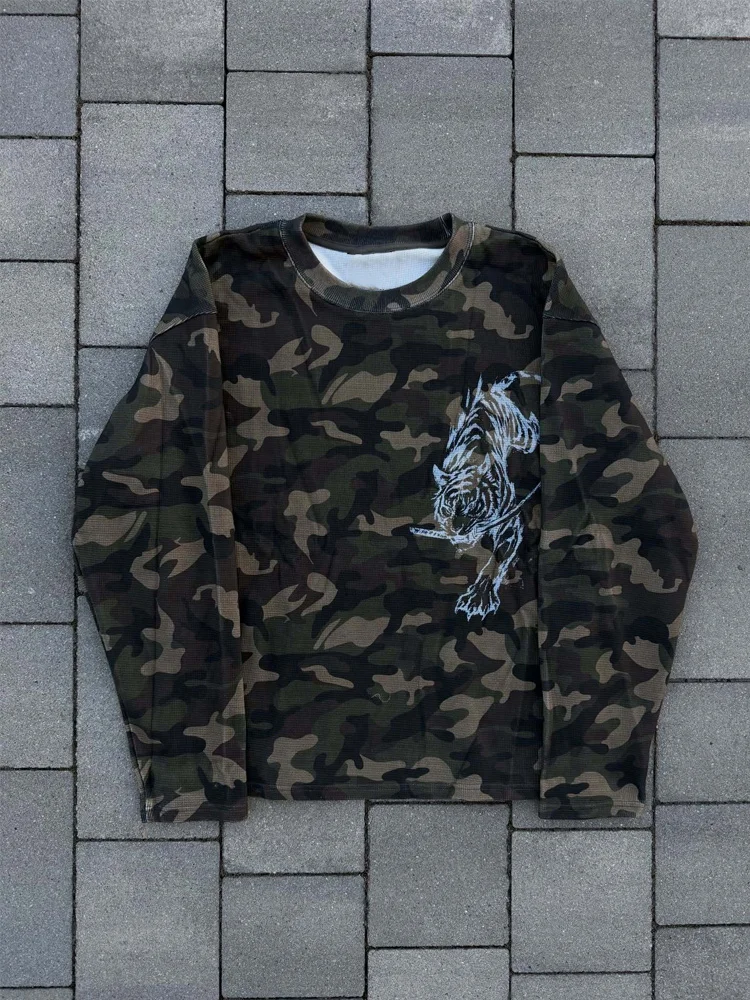 Autumn Unisex Vintage Y2K Punk Street‑Style Casual Camo Tiger Sword Print Oversized Waffle Knit Long Sleeve Top