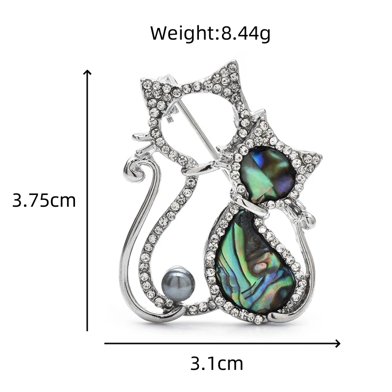 Wuli&baby Abalone Shell Crystal Couple Cat Brooches Grey Pearl Cute Animal Pins For Jewelry Gift