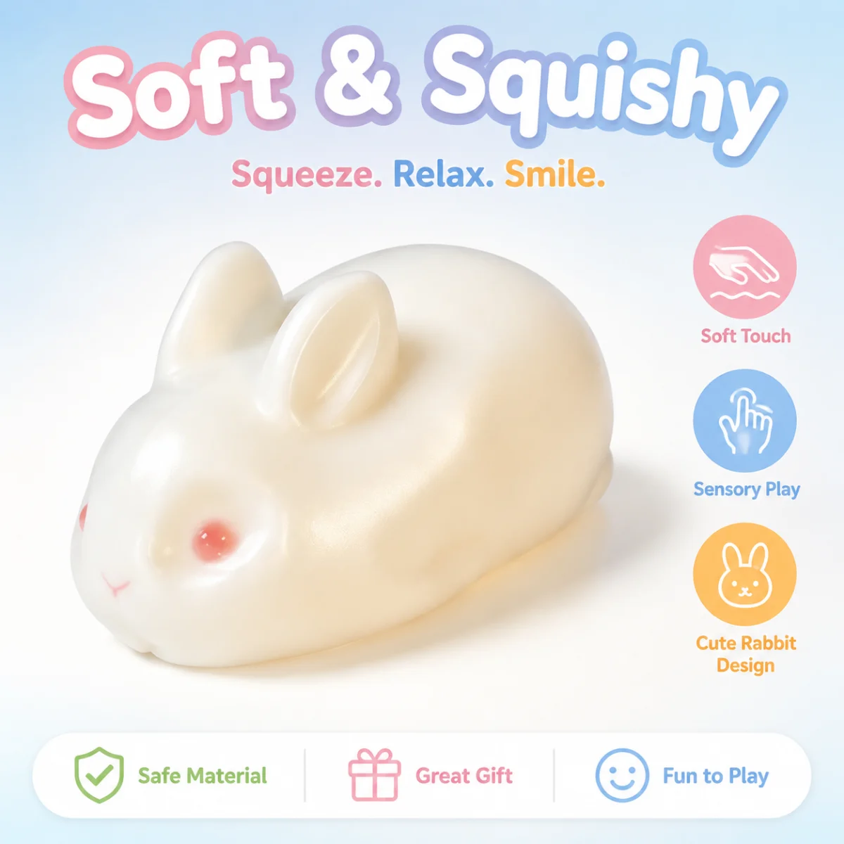 Kawaii Cartoon Bunny Squishy Toy Food‑Safe Soft Silicone‑like Material Anxiety Relieving Hand Pinch Toy Portable Relaxing Sensor