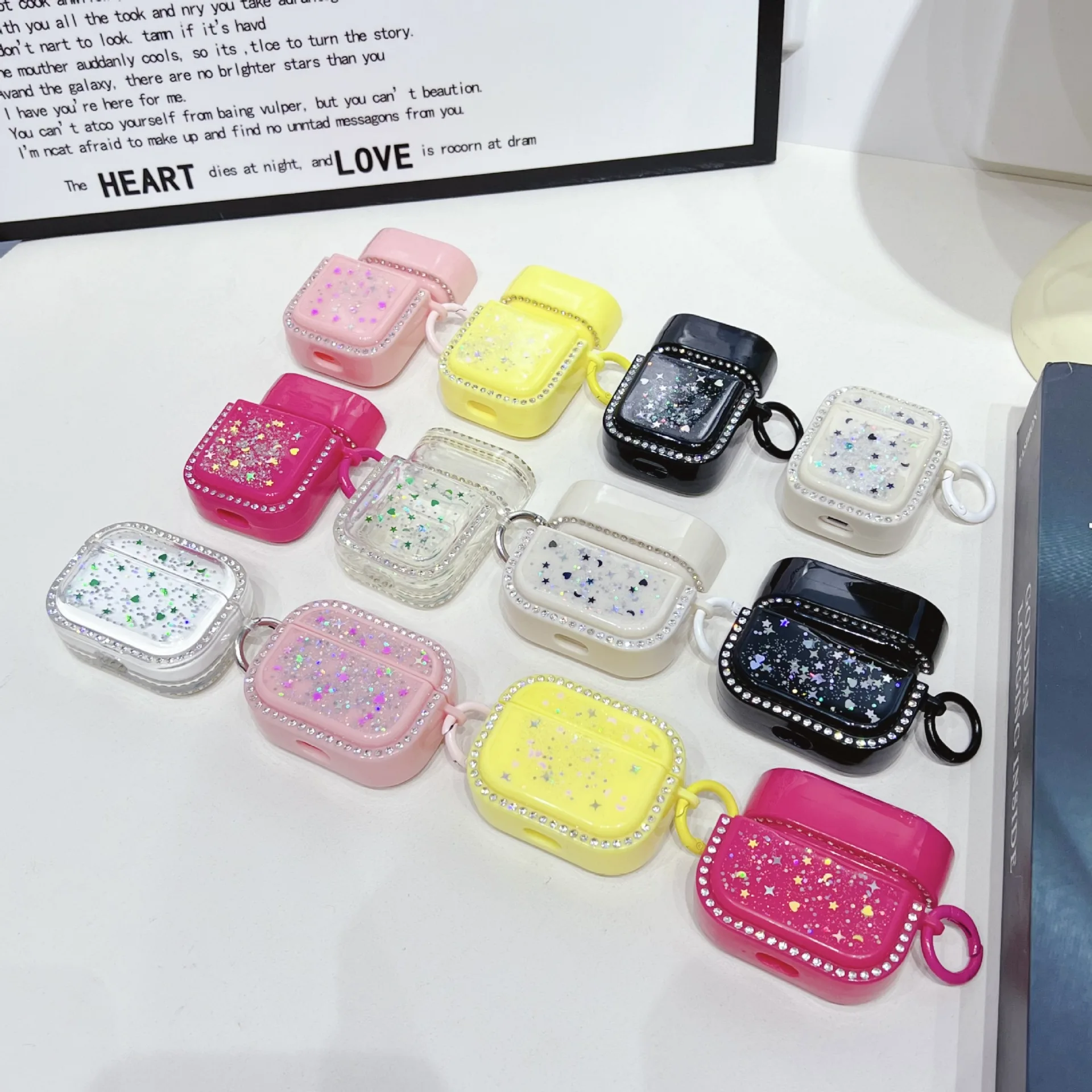 Cute Pink Rhinestone Border Glitter Heart Star Earphone Case For AirPods 1 2 3 Pro 2 Bling Protective Cover With Keyring