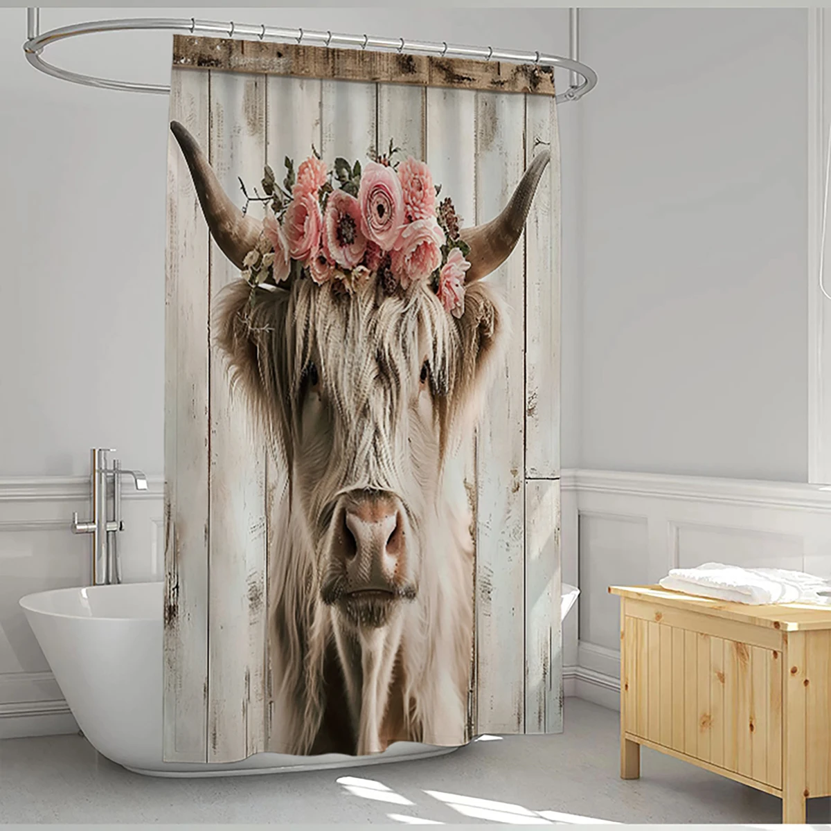 1 pc high ground cow pattern polyester material shower curtain waterproof fabric, thickened anti mold partition curtain for