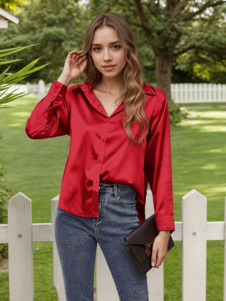 

FSMG модная однотонная атласная свободная блузка с лацканами, женская повседневная однобортная рубашка с длинными рукавами и гладкой поверхностью, уличные топы