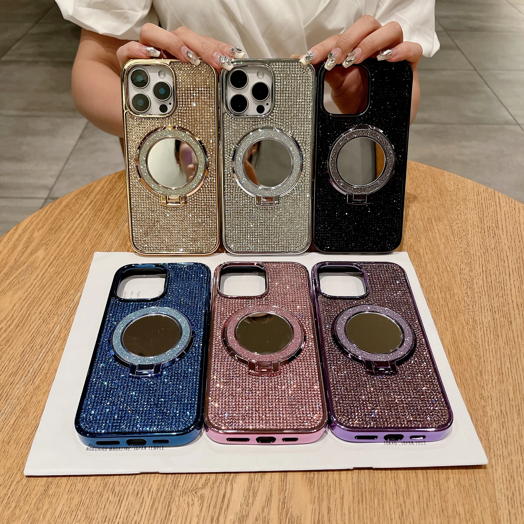 Fashionable Dazzling Full Covered Zircon Back Ring Stand Luxury Phone Case for iPhone 16 15 14 11 12 13 Pro Max Plus Back Cover