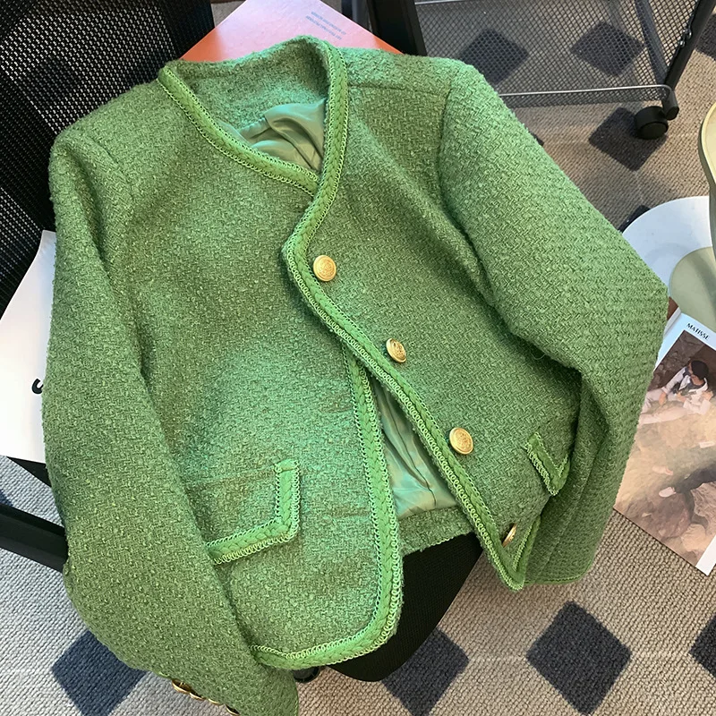 Women's green tweed jacket, new spring and autumn season small fragrance style round neck top