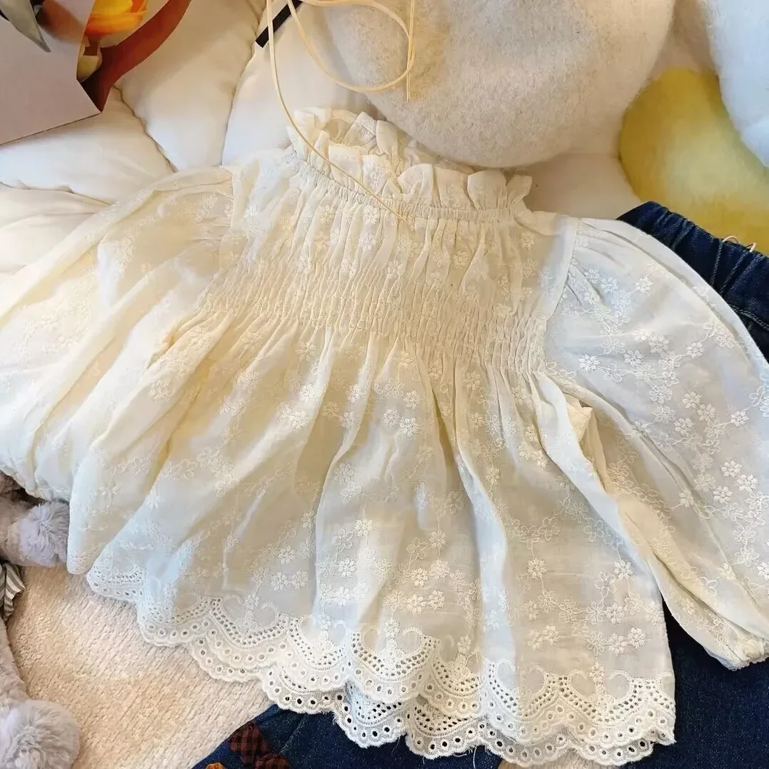Girls Blouses 2024 Spring and Autumn New South Korean Children Lace Lace Doll Shirt Children Flower Shirt Simple Casual Clothes