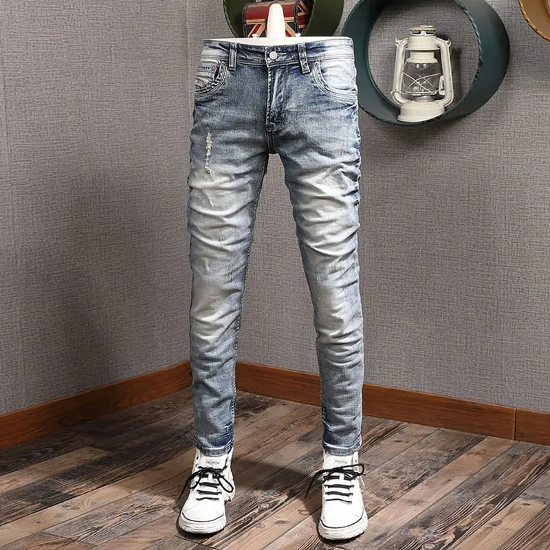 

Fashion Designer Men Jeans Retro Washed Blue Stretch Slim Fit Frayed Ripped Jeans Men Italian Style Vintage Denim Pants Hombre