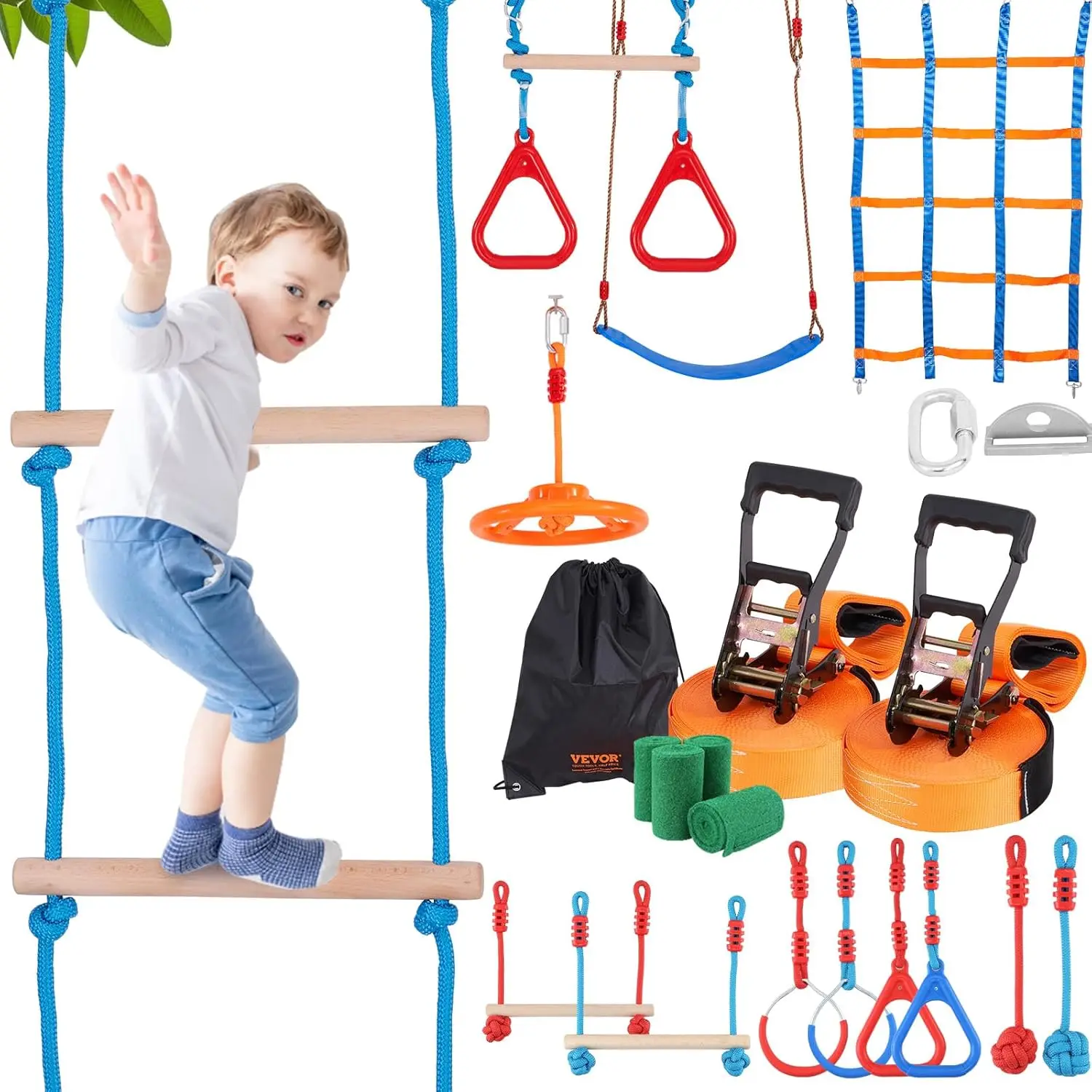

Ninja Warrior Obstacle Course for Kids, 2 x 60 ft Weatherproof Slacklines, 500lbs Weight Capacity Monkey Line