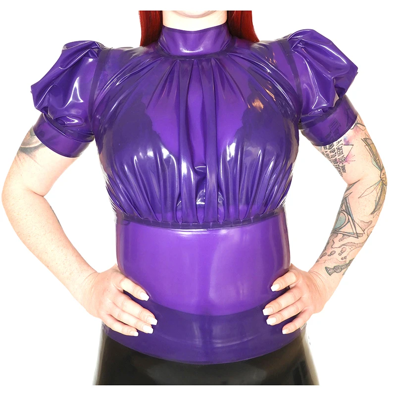 Transparent Purple Sexy Latex Blouse With Puff Short Sleeves Rubber Shirt Clothes Top Frill In Breast YF-0382