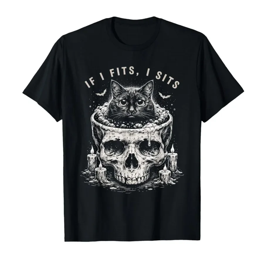 

If It Fits I Sit Black Cat Skull Minimalist Meme Humor T-shirt For Men Women 100% Cotton T Shirts Short Sleeve Tops 0413-3