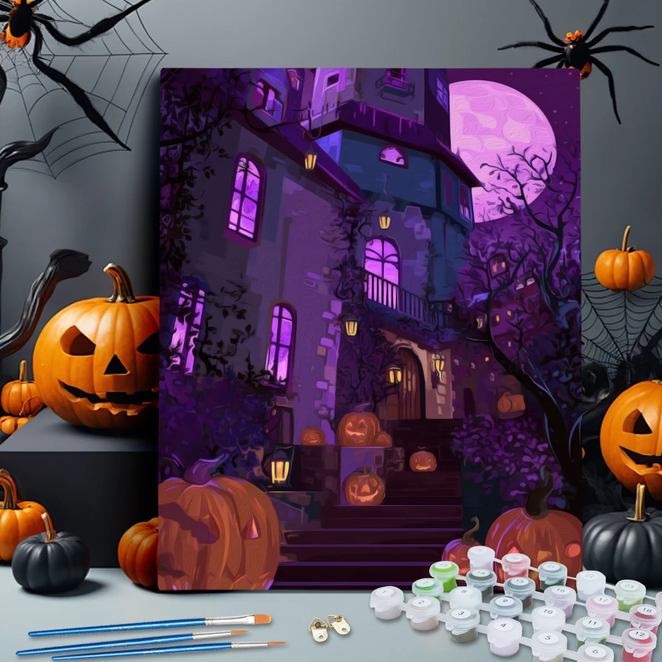 

RUOPOTY Canvas Painting By Numbers Night Purple Castle Pumpkin Halloween Paint Kit Drawing Crafts Diy Picture Artwork Wall Decor