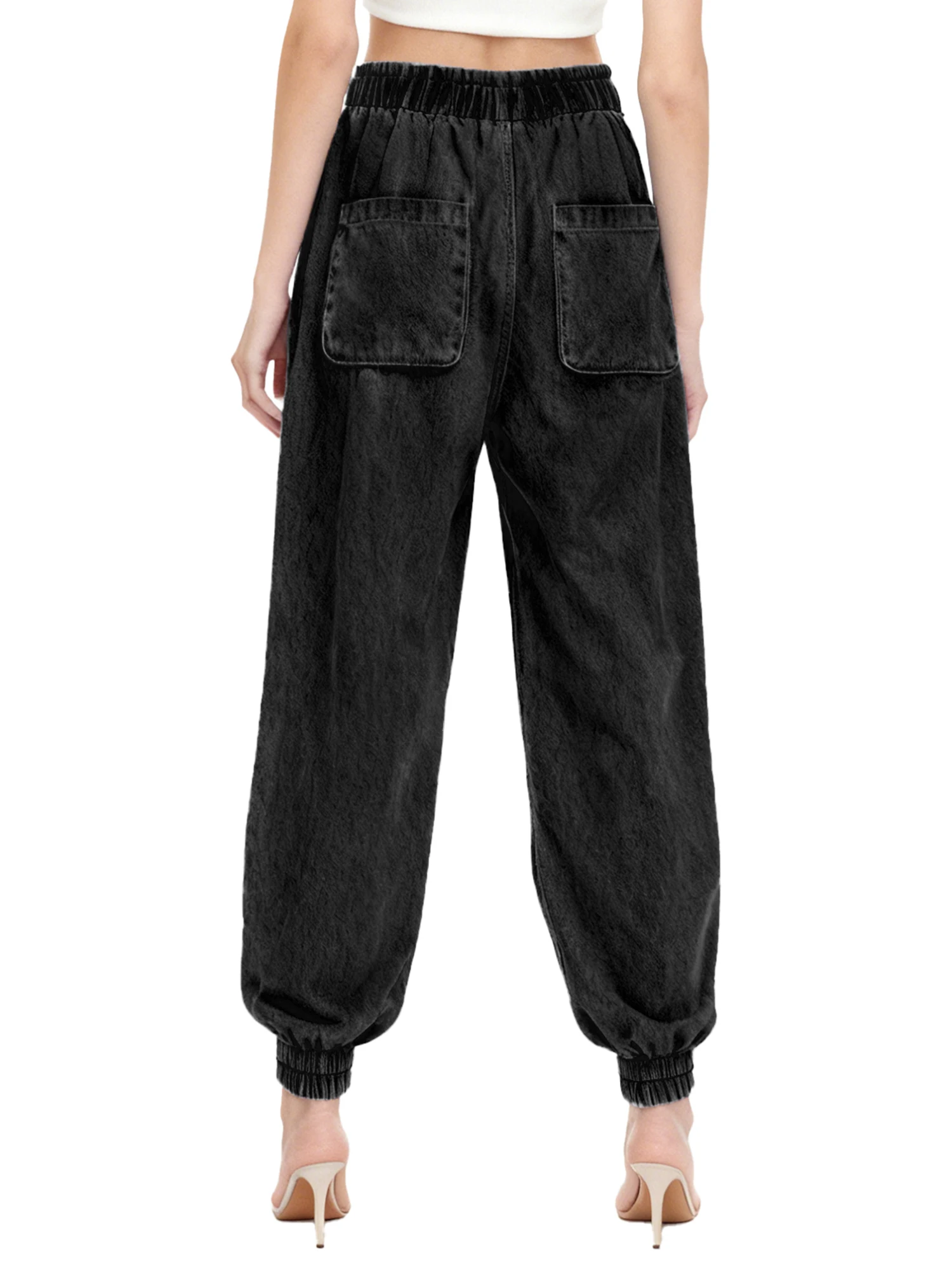 Calça jeans feminina elegante e folgada, vários bolsos, cintura elástica com cordão, calça jogger, calça longa jeans para uso diário casual