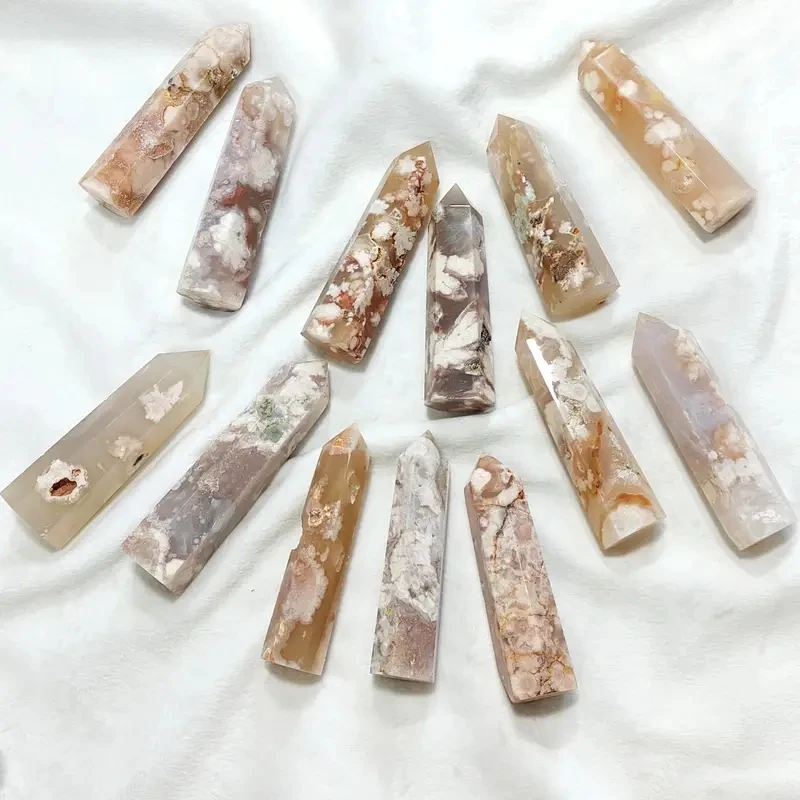 1pc Cherry Flower Agate Wand Ornament Sakura Agate Single Point Chakra Crystal Tower Gemstone Prism For Meditation Home Decors