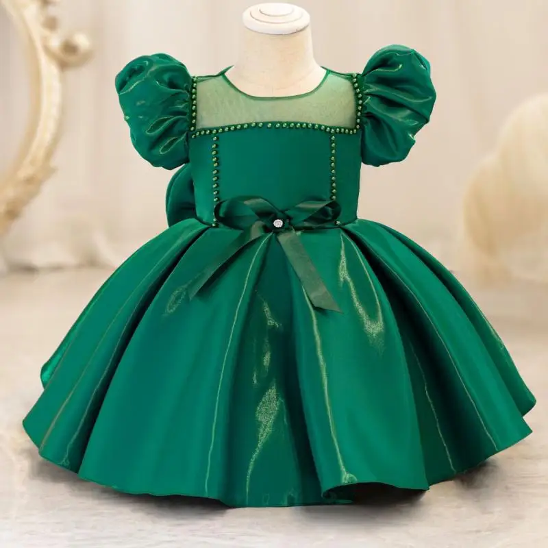 New Girls\' Bead Solid Color Bow Bubble Sleeve Princess Dress Christmas Halloween Birthday Party Fashionable Evening Dress