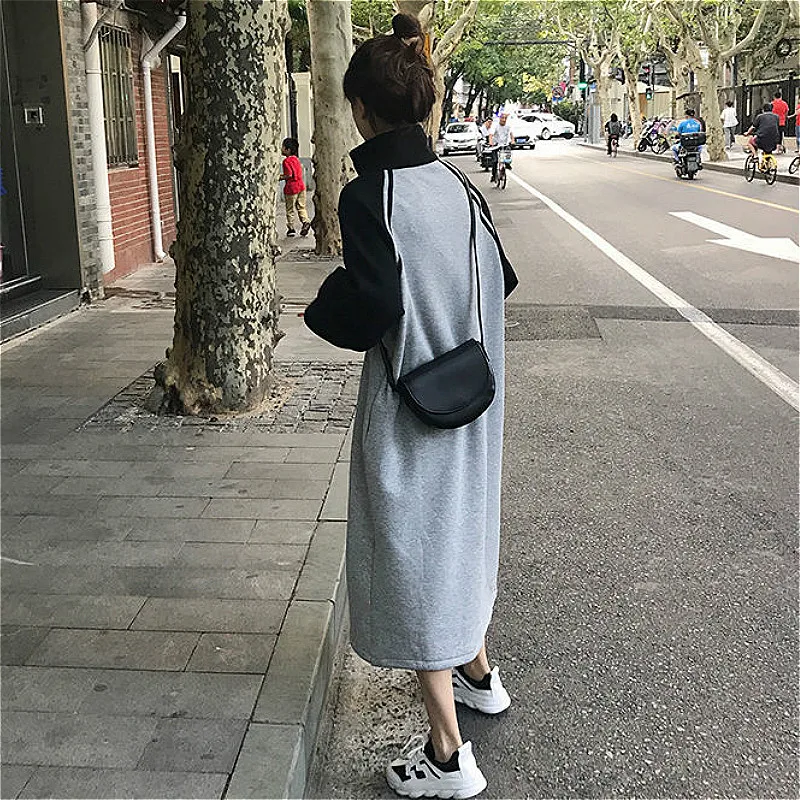 Long Sleeve Dress Women Daily All-match College Baggy Patchwork Lady Clothes Stand Collar Leisure Harajuku Thicker Cozy Casual