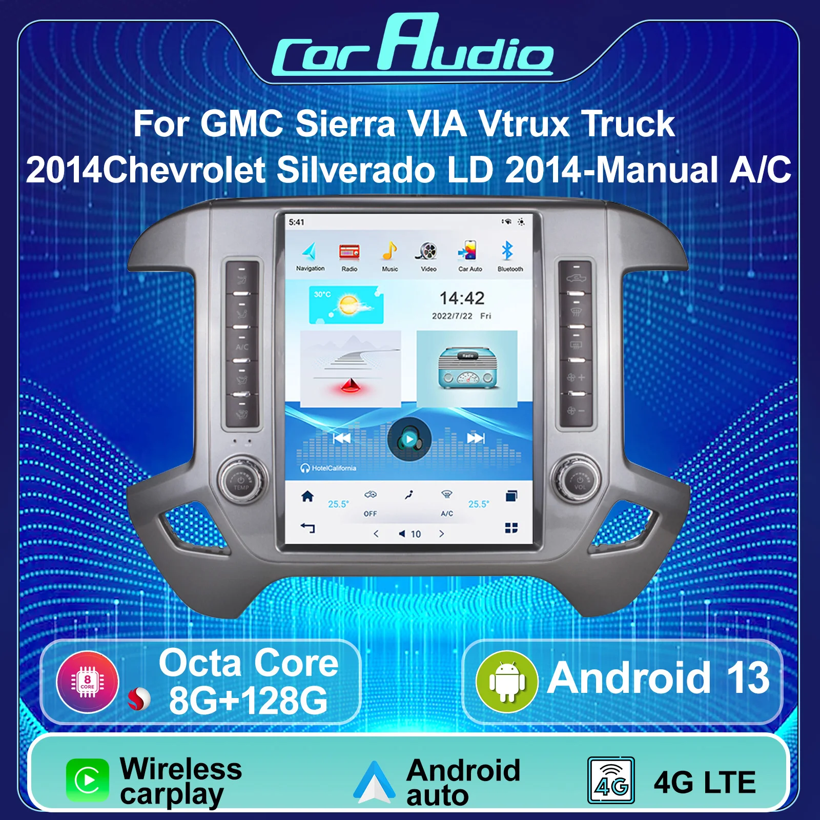 Android 13 Tesla Style Car Radio For Chevrolet Silverado LD GMC Sierra VIA Vtrux Truck 2014-2020 Manual A/C GPS Receiver Headuni