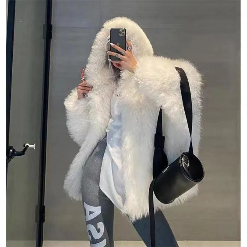 2024 Autumn and Winter New Korean Version Fox Fur Imitation Fur Coat Women Y2K Fashion Vintage Casual High Street Hooded Coat