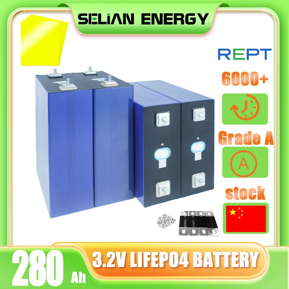 LiFePO4 280A Grade A 3.2V Lifepo4 Prismatic Batteries REPT Original Battery Cells for DIY Solar Power Backup Power Storage