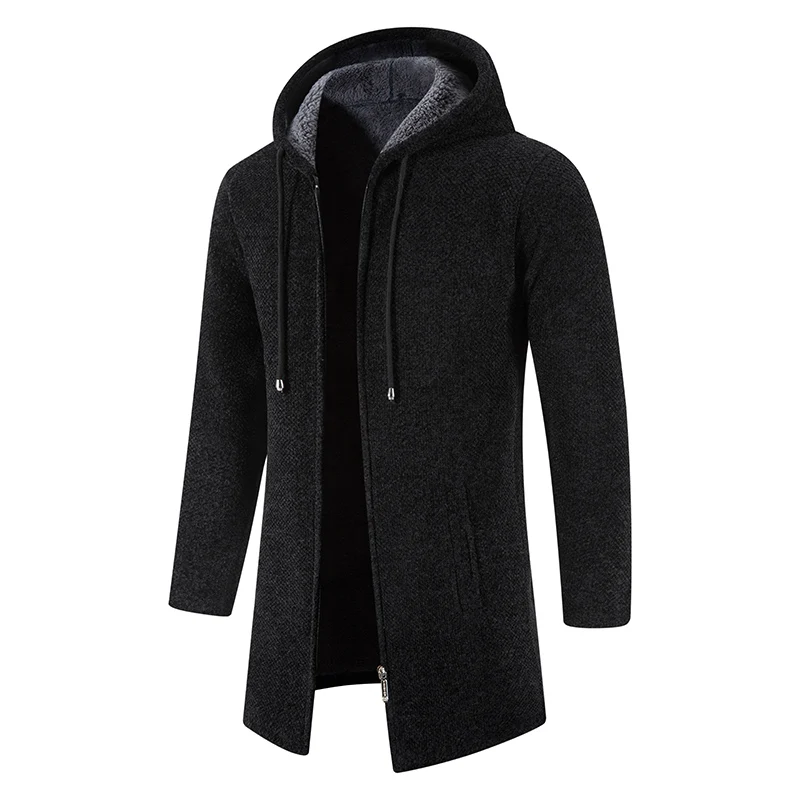 Winter Men\'s Mid To Long Length Jacket with Thick Fleece Hooded Sweater Cardigan Casual Versatile Warm Knit Jacket Windbreaker