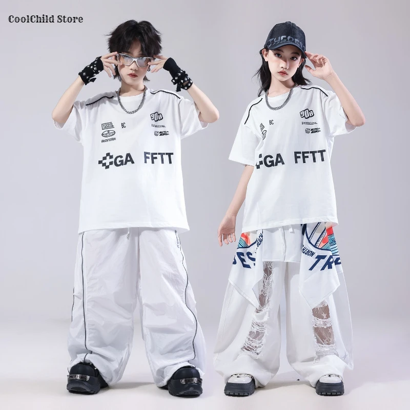 Girls K-pop Cool Vest T-shirt Ripped Loose Pants Boys Streetwear Kids Hip Hop Street Dance Clothes Sets Children Teens Costumes