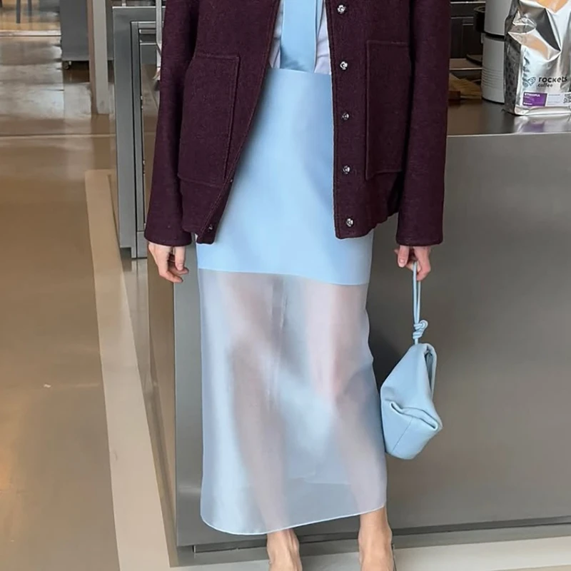 

2025 Elegant Slim Patchwork Straight Long Skirts For Women Summer Sexy See Through Skirts Street Chiffon Skirt Female