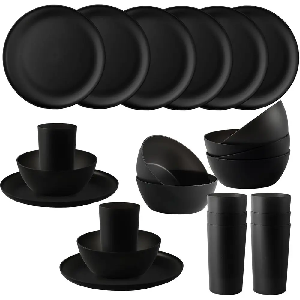 

Набор посуды из 24 предметов: тарелки, миски, небьющийся меламиновый набор, многоразовый обеденный набор, можно мыть в посудомоечной машине, без BPA, черный цвет