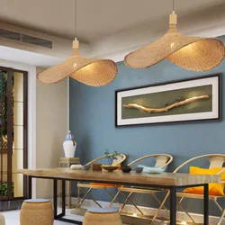 Restaurant, coffee shop, bar, woven bamboo pendant light, Chinese tea room, rattan hand woven light, straw hat pendant light