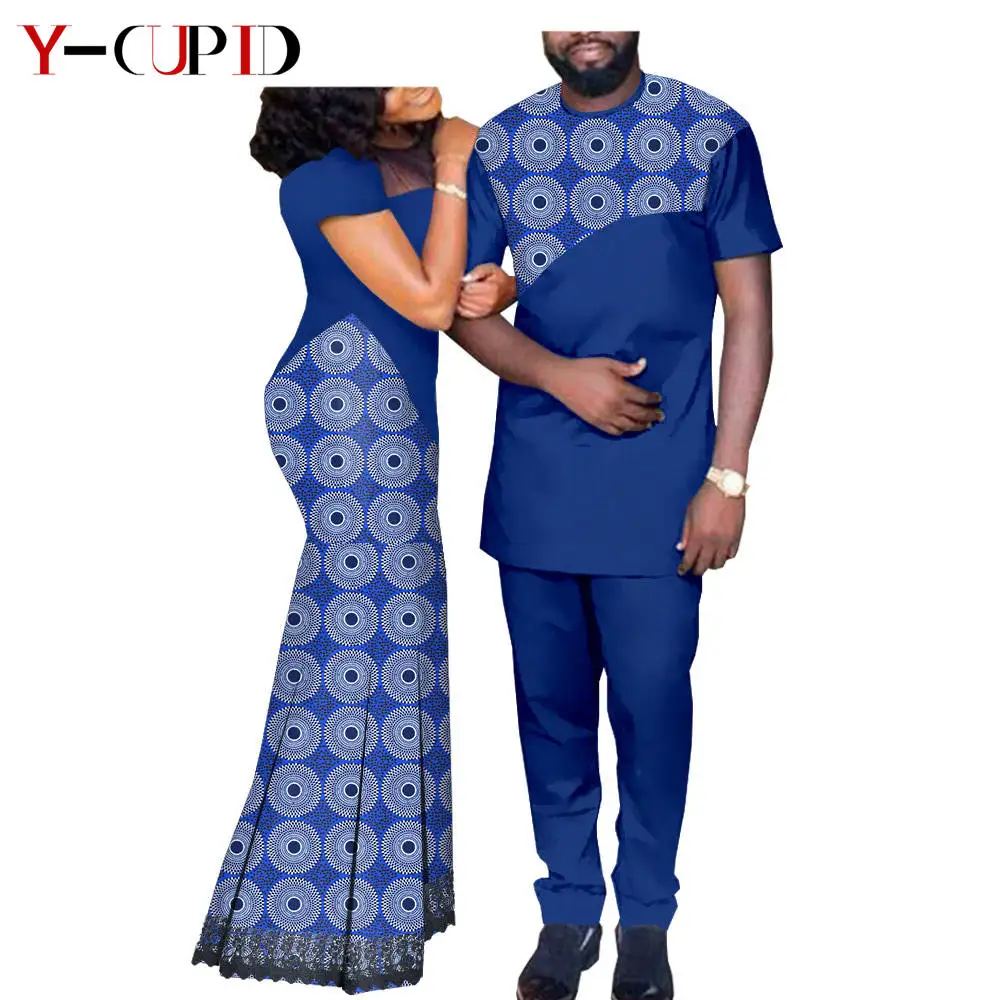 African Matching Outfit for Couples Bazin Riche Women Lace Long Dresses Men Top and Pants Sets African Print Clothing A20C003