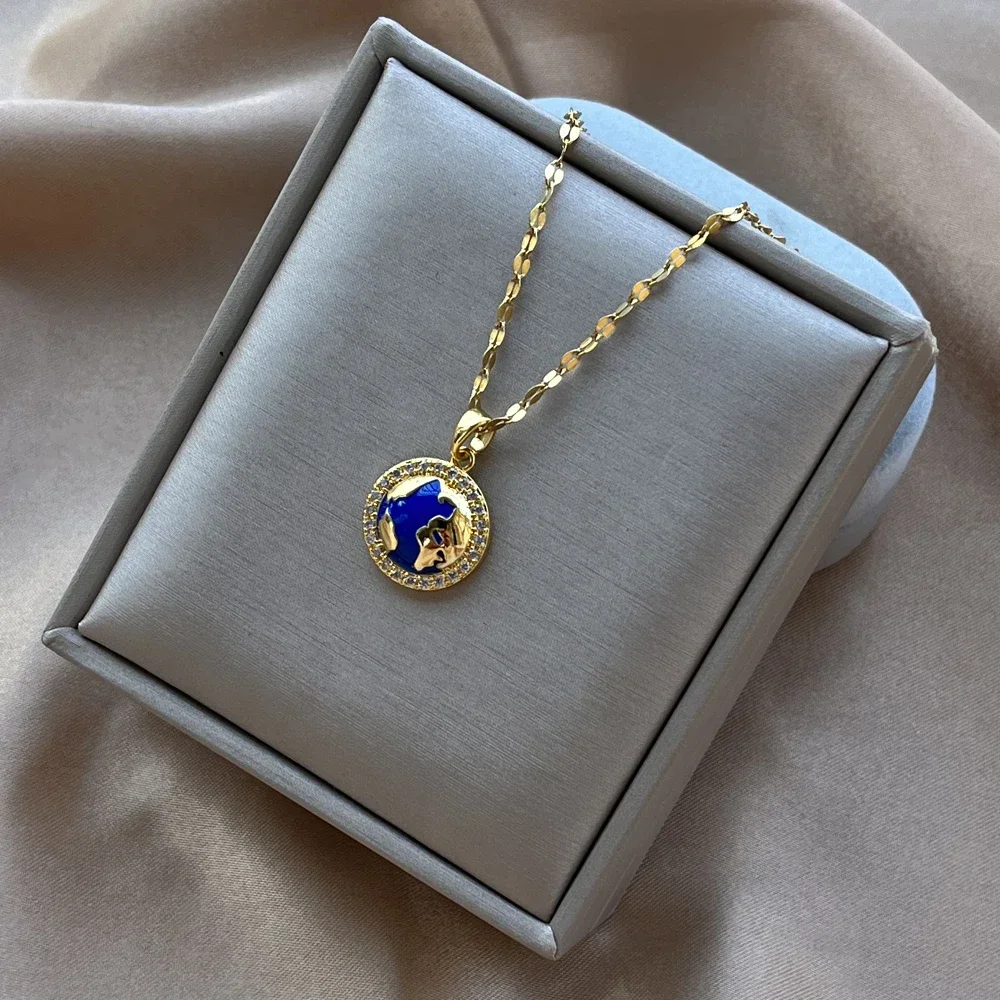 Fashion Dream Planet Pendant Necklace for Women Men Exquisite Blue Enamel Planet Zircon Gold Color Necklace Jewelry Gifts