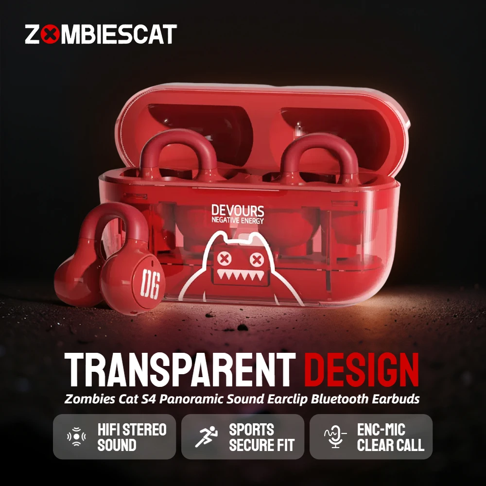 

Zombiescat S4 наушники с зажимом для ушей, Bluetooth-наушники, прозрачные наушники с зажимом для ушей OWS, настоящие беспроводные наушники для занятий спортом/ежедневного использования