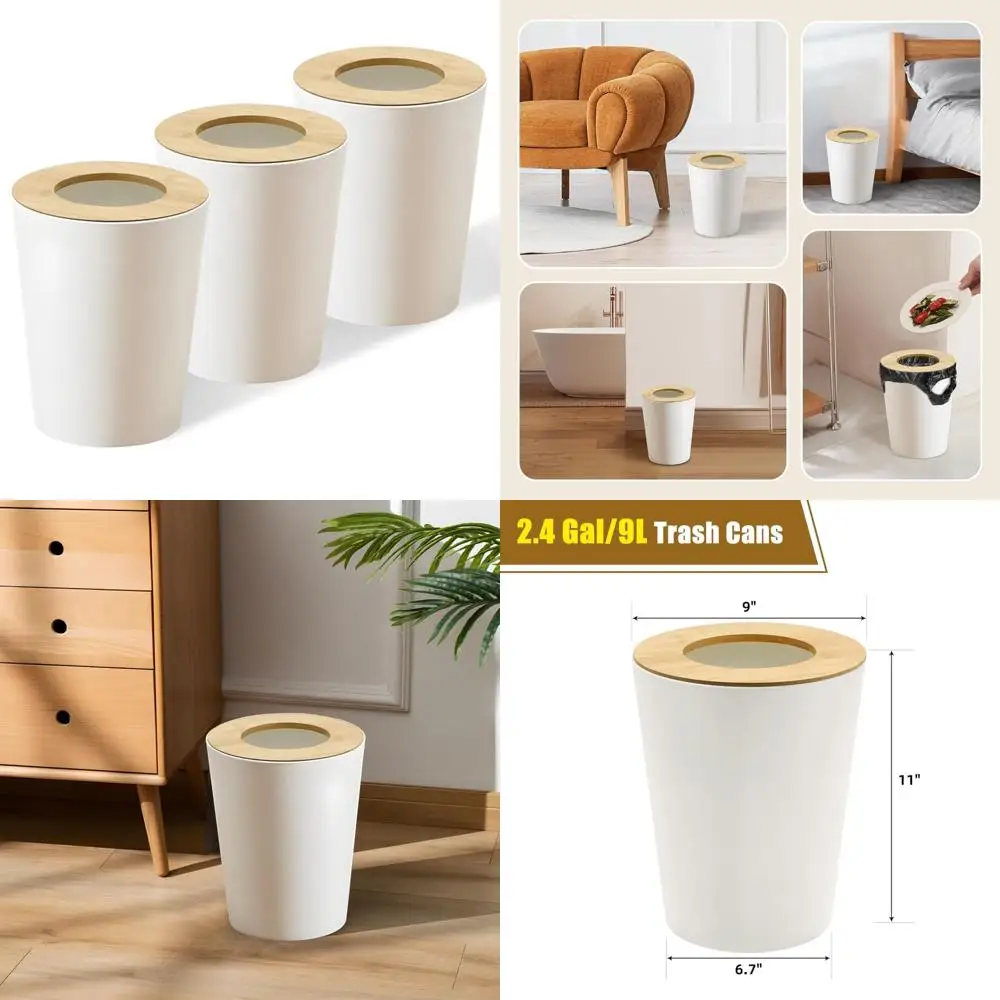 

Bamboo Lid 3-Pack 2.4 Gallon Trash Cans for Bedroom, Office - Modern Design Waste Receptacles