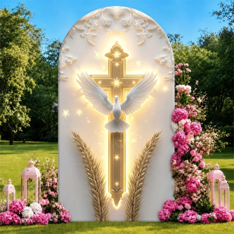 

Single Side Arch Backdrop Cover Elegant Wedding Backdrop Featuring Glowing Golden Cross with Radiant Dove and Wheat Sheaves