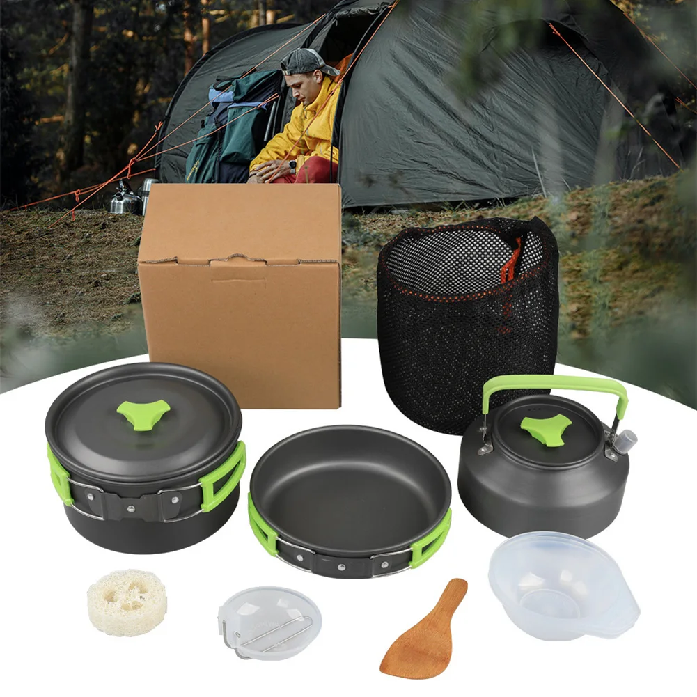 

9 Pcs Camping Cookware Mess Kit With Cooking Pot Frying Pan Kettle Plastic Bowl Spoon Rice Shovel Loofah Pouch For 2-3 People