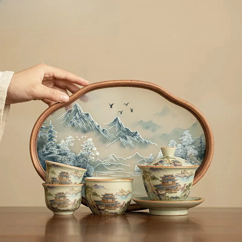 

Creative Ceramic Sancai Cover Bowl Set Zen Hand-painted Landscape Tea Set Tea Ceremony Set Bowl And Cup With Begonia Plate Gift
