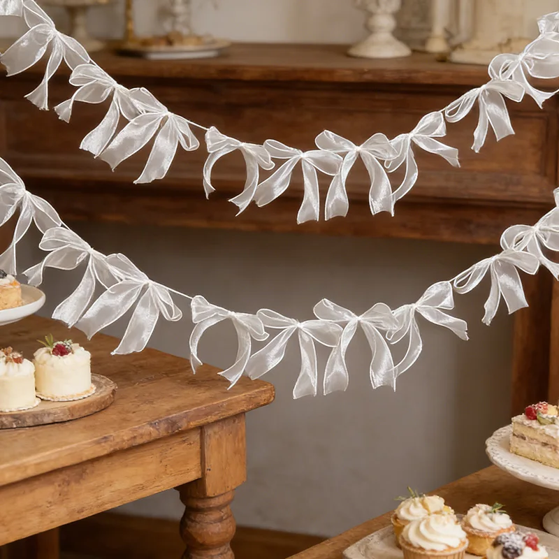 Organza Bow Bunting Garland White Pink Bowknot Banner Valentine's Day Wedding Bridal Shower Birthday Party Home Wall Decoration