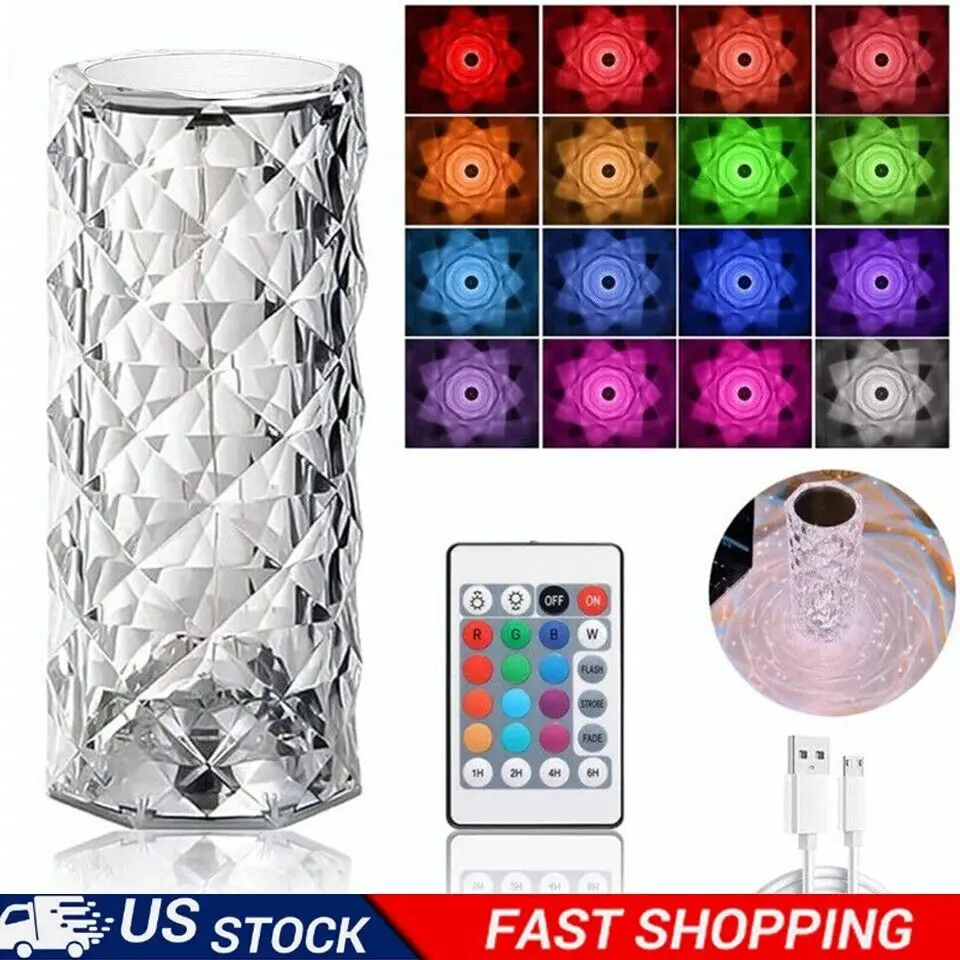 LED Crystal Table Lamp Diamond Rose Night Light Touch Atmosphere Bedside Bar USA