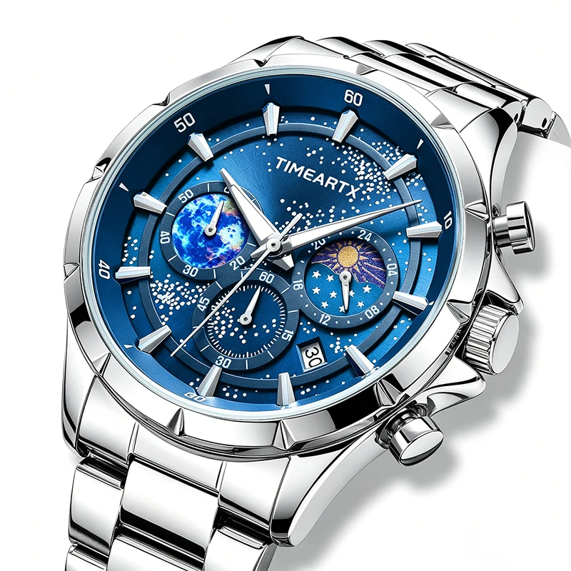 

TIMEARTX Men's Quartz Watch Fashion Starry Sky Style Luminous Wristwatch Business Moon Phase Watch For Men