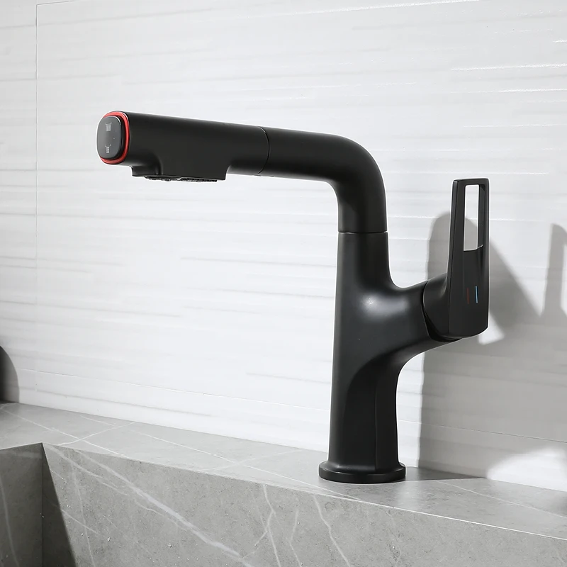 Contemporary One Handle Pull Out Faucets 2 Modes Lavatory Vanity Sink Faucet Deck Mount 1 Hole Bathroom Hot and Cold Mixer Taps