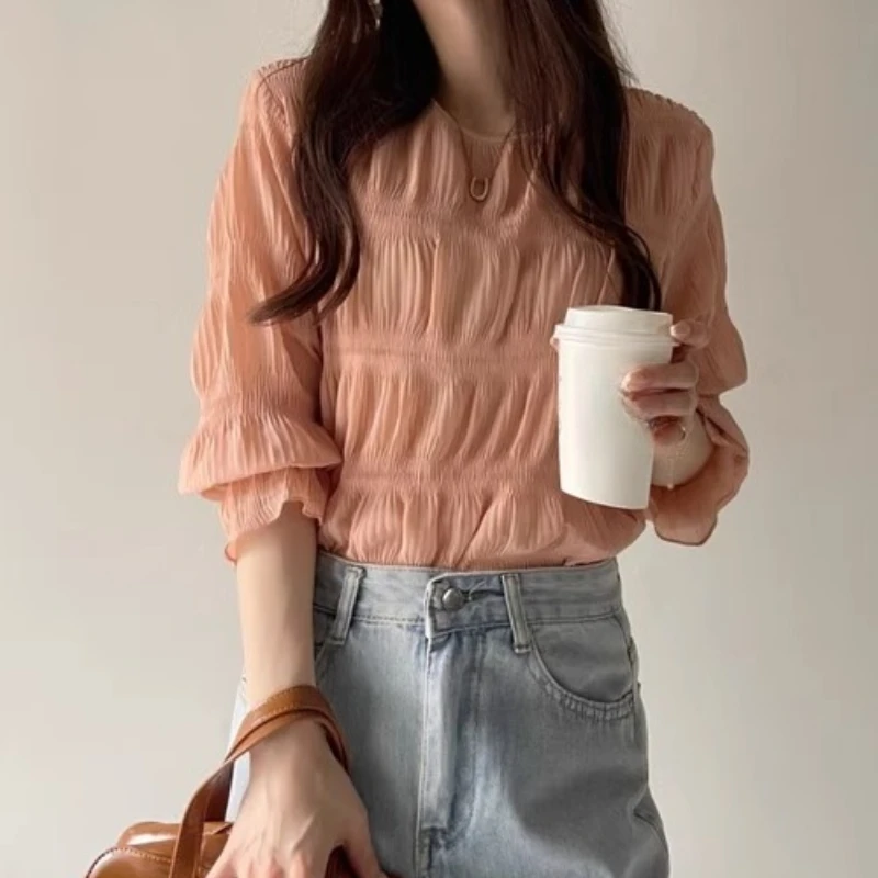 

Осенне-летние плиссированные блузки с длинными рукавами для женщин, расклешенные рюши, тонкие шифоновые элегантные женские топы, шикарные blusas de mujer, новинка 2023 г.