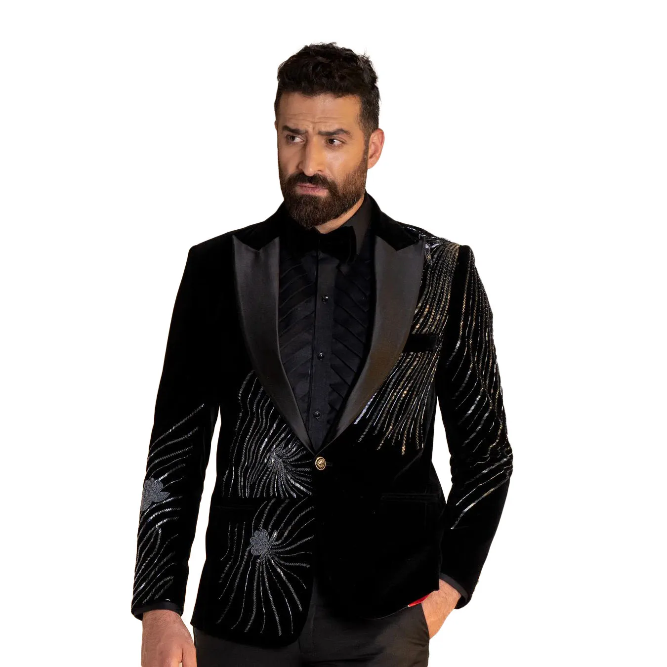 موضة زفاف الرجال الدعاوى Tuxedos مشرقة زين بلغت ذروتها التلبيب المعادن زر جيب مخصص العريس 2 قطع خمر معطف السراويل