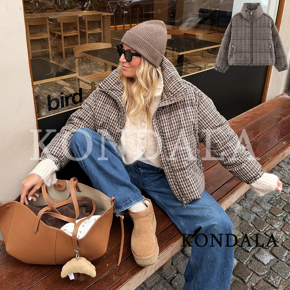 KONDALA Women Casual Vintage Padding Coat 2026 Fall Winter Trendy Classic Plaid Zipper Thick Jacket Lady Chic Stand-Collar Coat