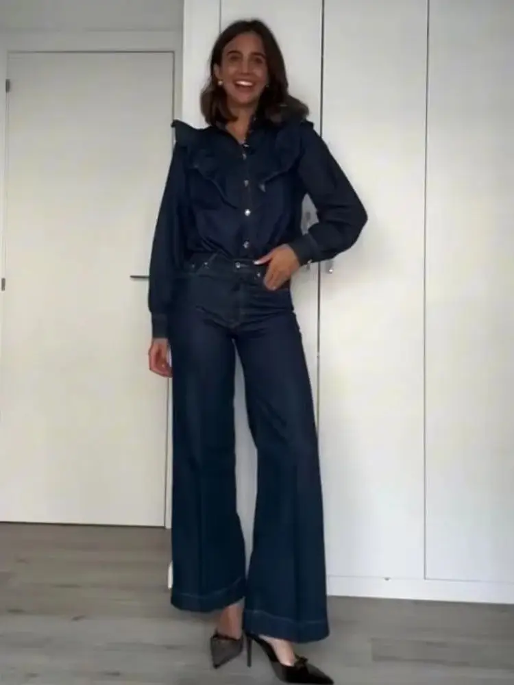 

HH Женский модный универсальный джинсовый костюм Многослойная декоративная рубашка + прямые карманы на молнии с высокой талией Повседневные джинсовые брюки