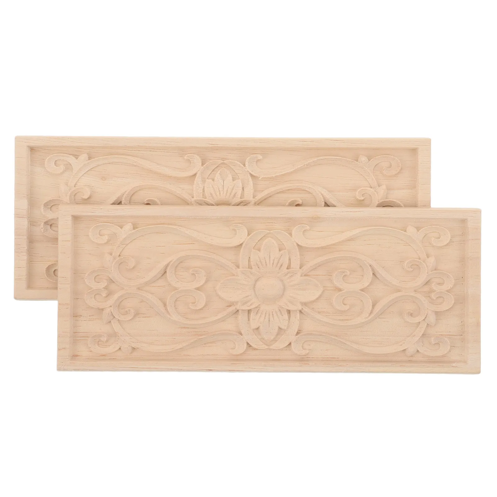 2Pcs Wood Appliques Carved Furniture Embellishments 3x8 Unpainted Wood Onlays for Cabinet Wardrobe Door Wall Decorative