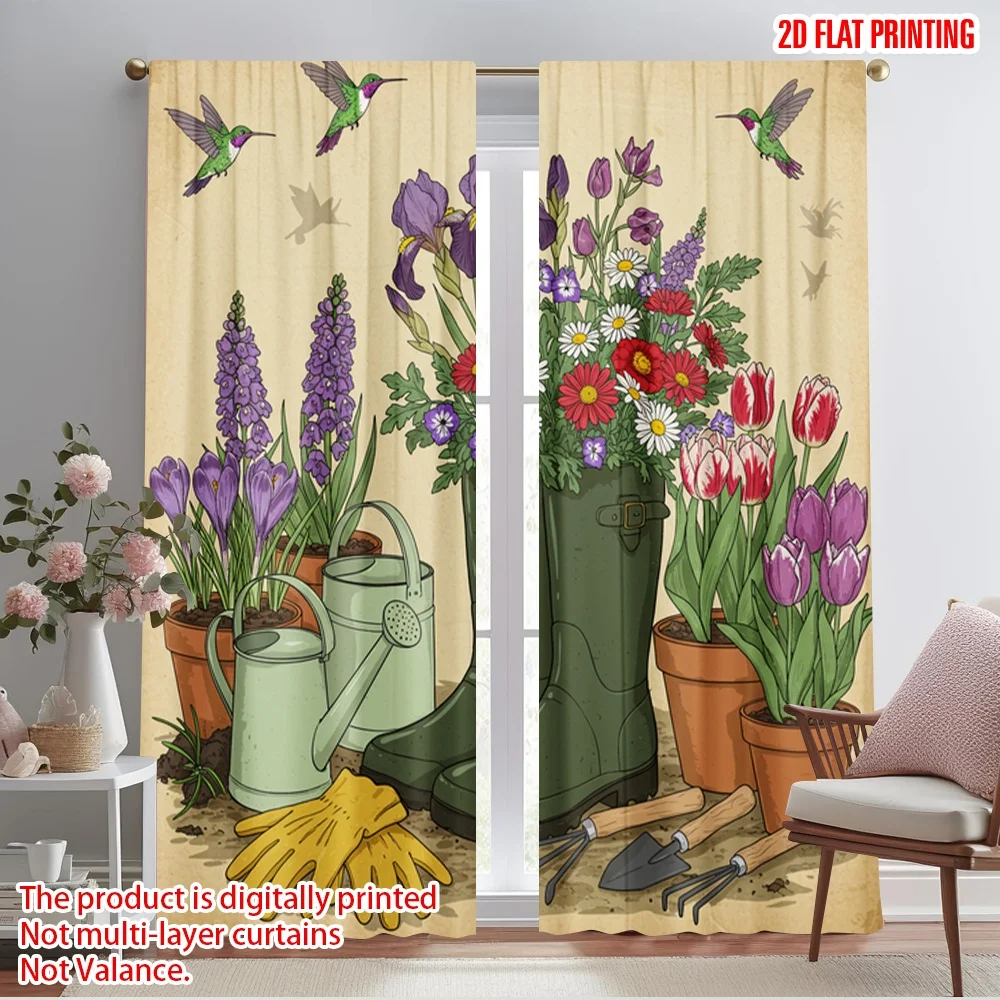 

2pcs 2D flat printing Curtain Birds Flowers Boots Garden Polyester Without Electricity Birthday Party for Holiday Family