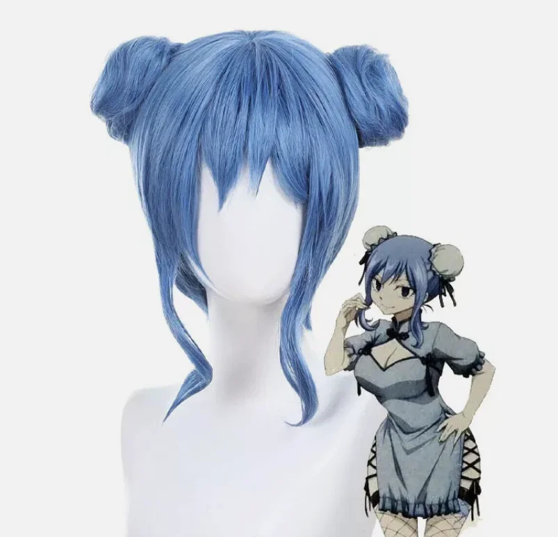 Fairy Tail Juvia Lockser Cosplay Wigs 35cm Short Blue Synthetic Hair With Buns