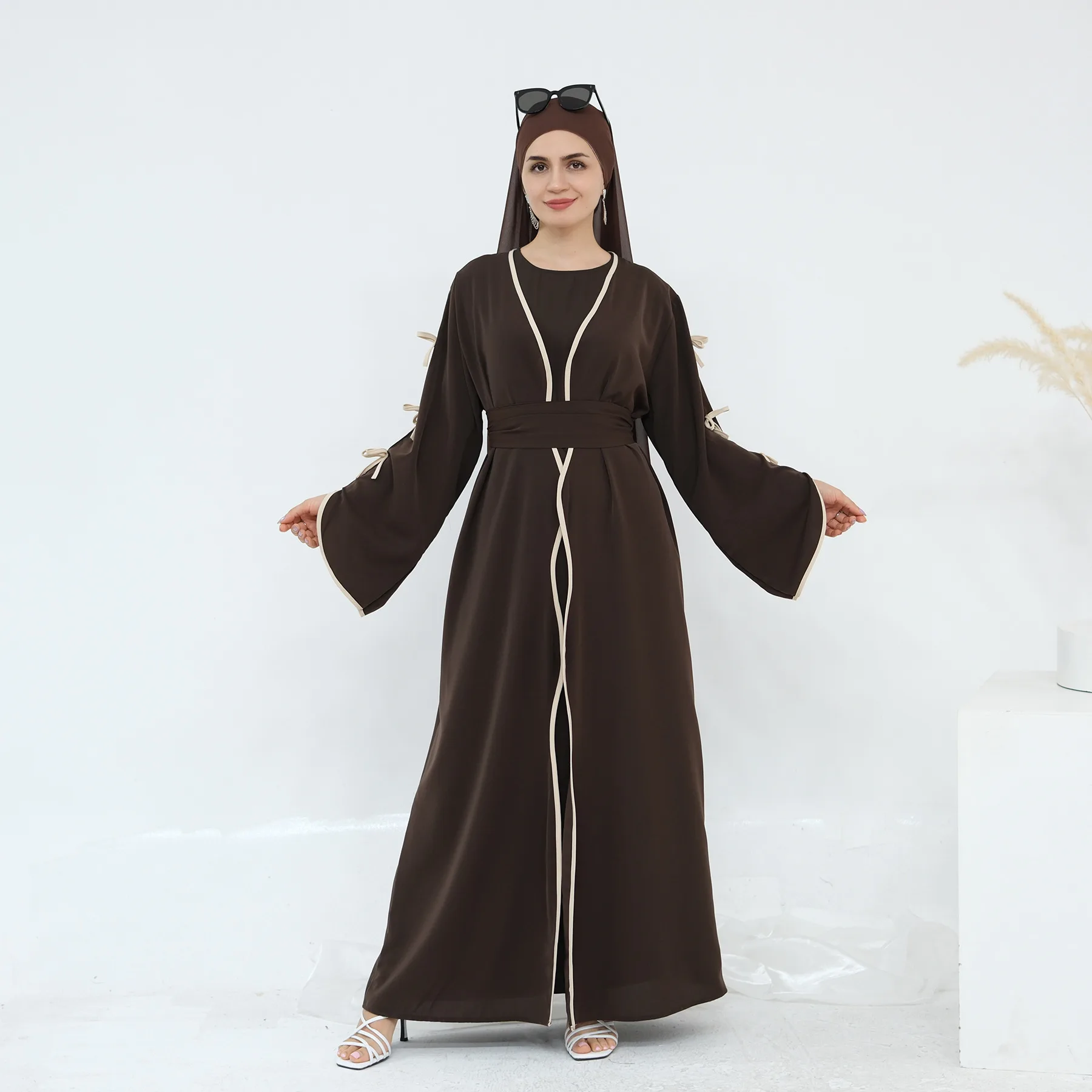 Moyen-Orient musulman nouvelle mode femmes couleur unie décontracté à la mode élégant 2 pièces ensembles Cardigans Abaya robe intérieure vêtements féminins