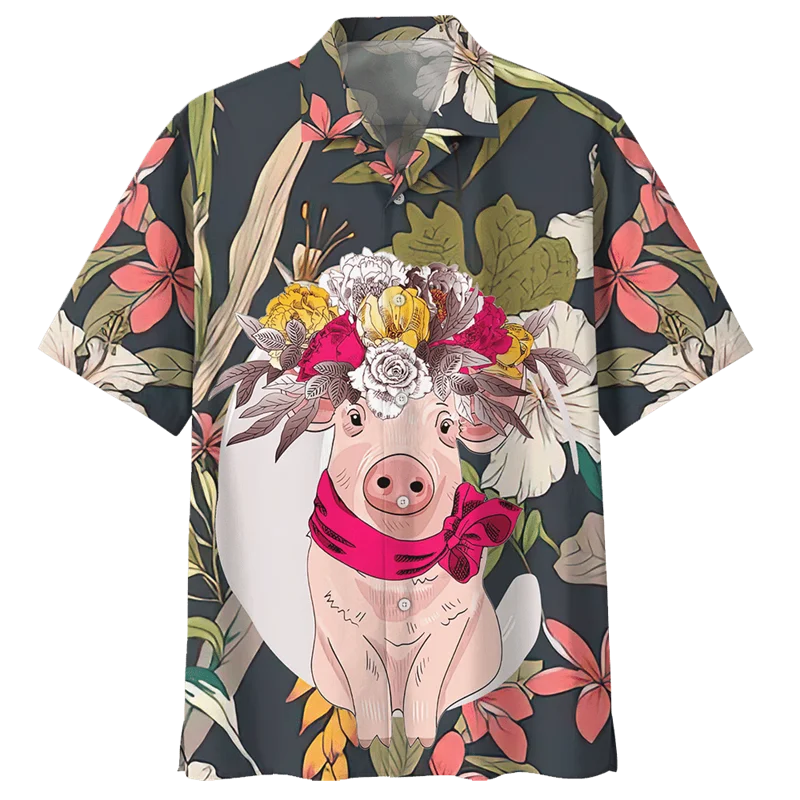 Camisa havaiana com estampa de porco de desenho animado para homens, estampa 3d de animais, manga curta, lapela de verão, camisas grandes, blusas com botão de rua