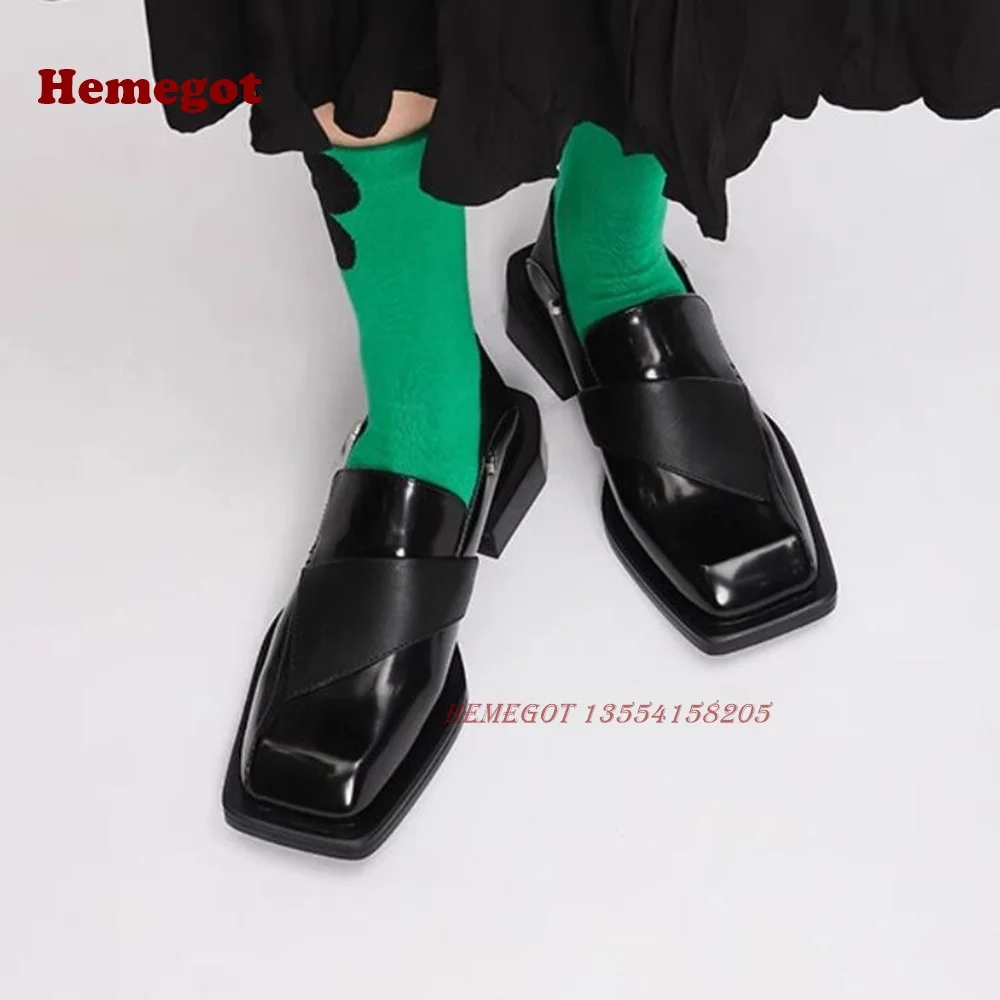 

Square Toe Soft Leather Mary Jane Shoes Chunky Heels Patent Shallow Glossy Women's Pumps Black Solid Patchwork Retro Shoes Sexy