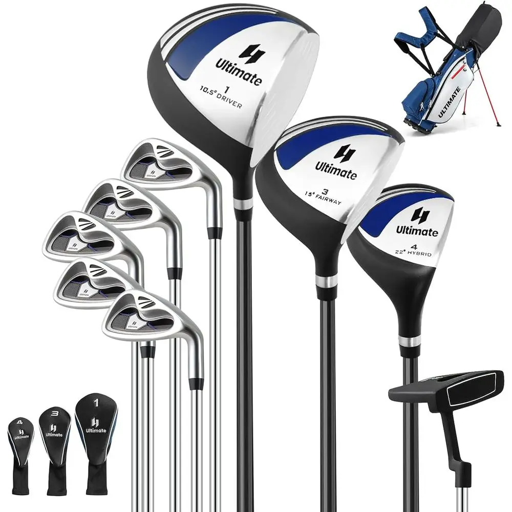 

Men's 9-Piece Golf Club Set with Driver, Hybrid, Irons, Putter, and Covers, Right-Handed